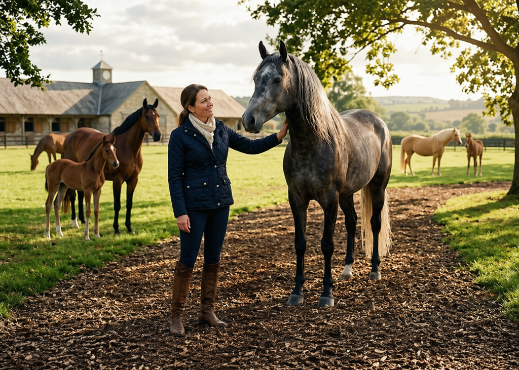 Woman standing beside a gray horse in a sunlit countryside paddock with other horses near a stable.