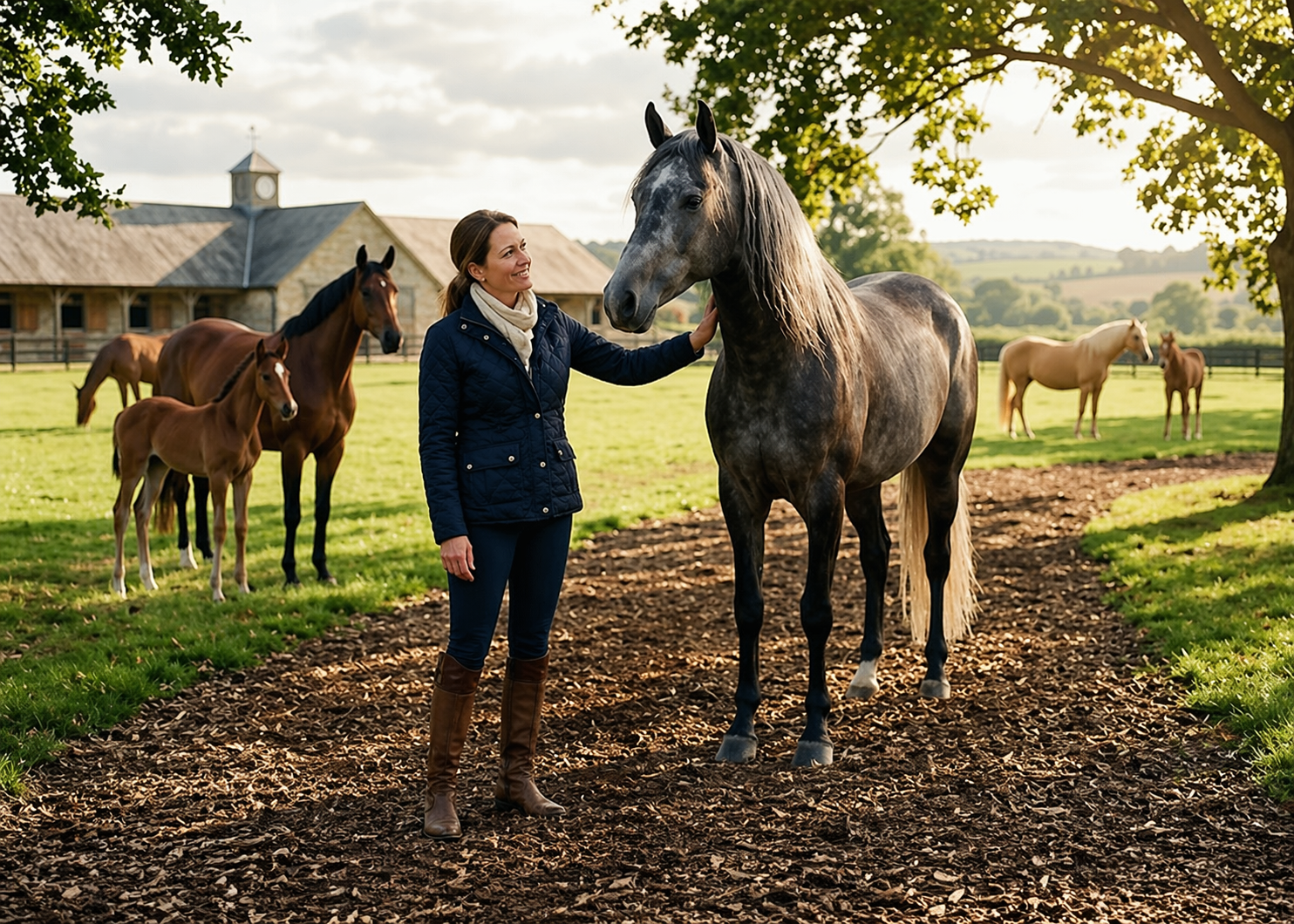Woman standing beside a gray horse in a sunlit countryside paddock with other horses near a stable.