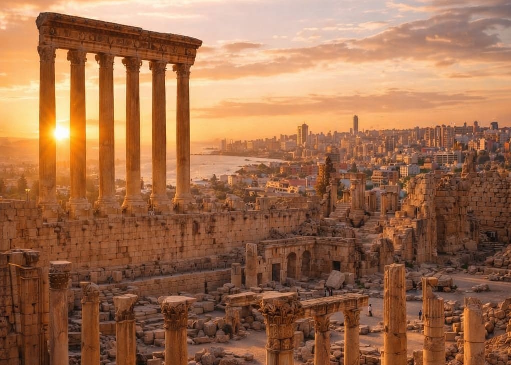 Baalbek ruins and Beirut skyline reflecting the Lebanon Invest vision
